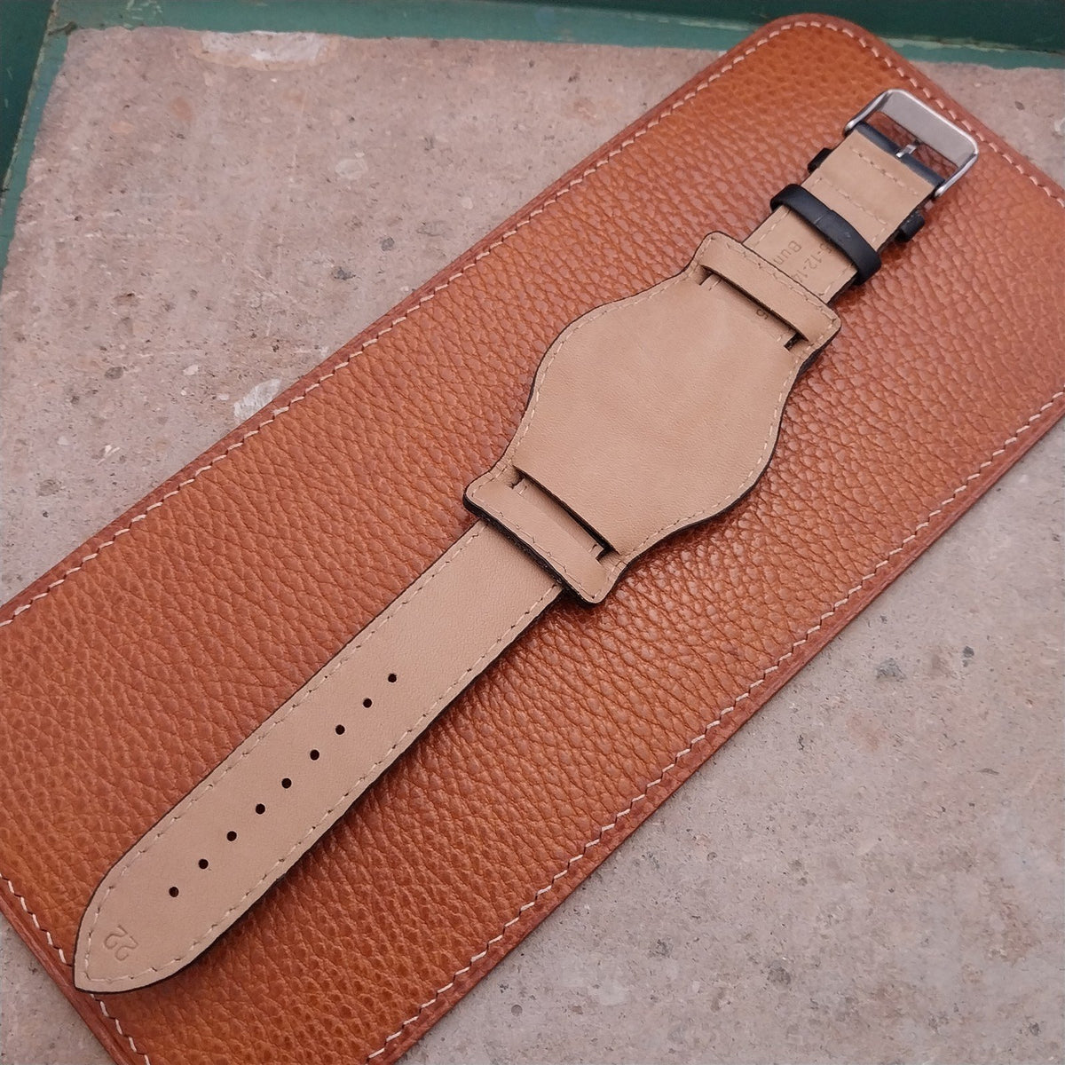 22mm Black Leather Bund Aviator Pilot Watch Strap