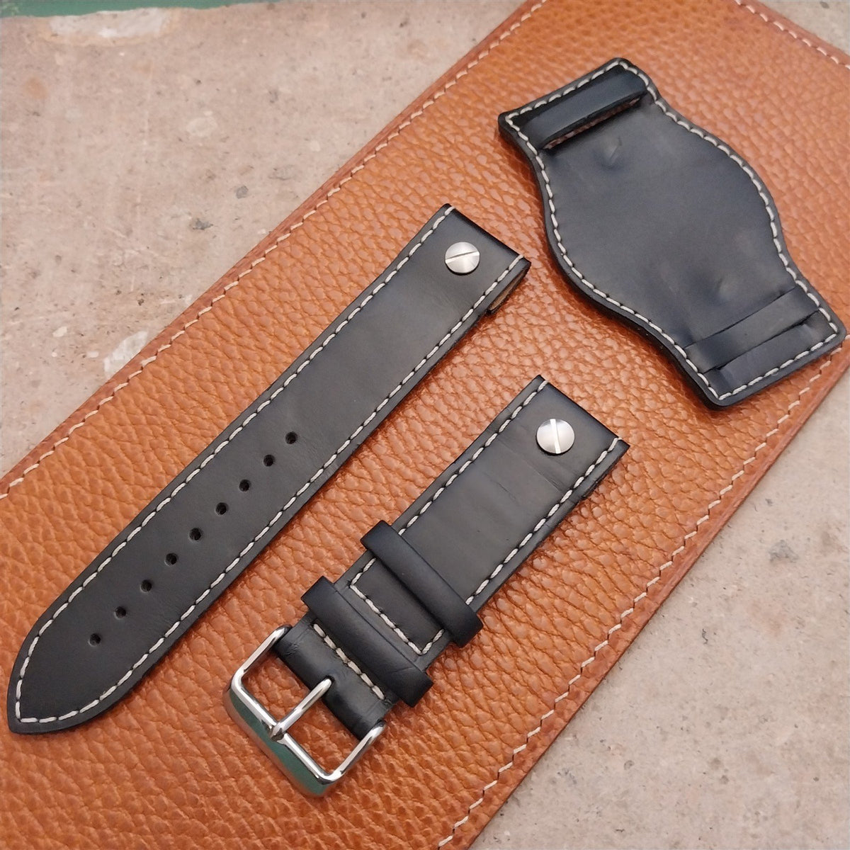 22mm Black Leather Bund Aviator Pilot Watch Strap
