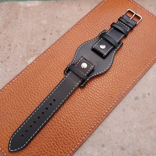 20mm Black Leather Bund Aviator Pilot Watch Strap