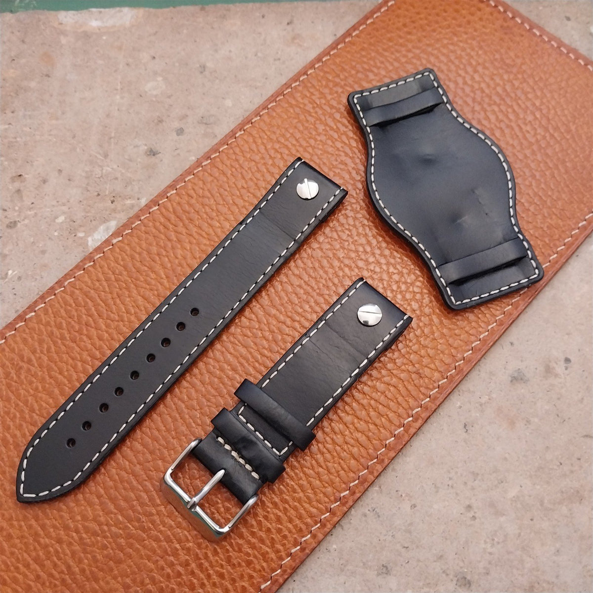 20mm Black Leather Bund Aviator Pilot Watch Strap