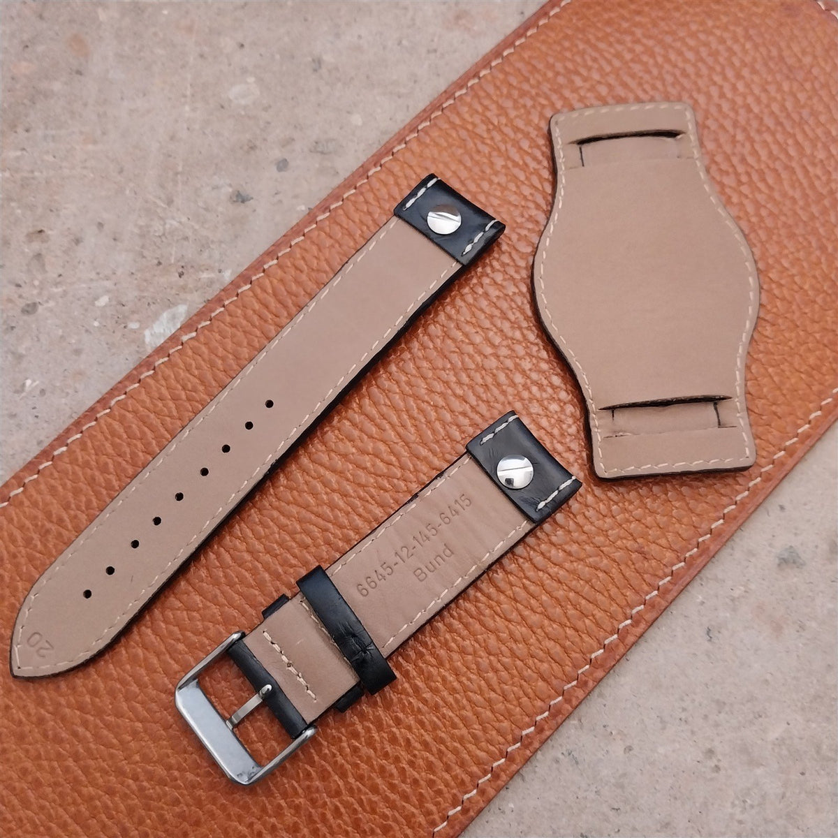 20mm Black Leather Bund Aviator Pilot Watch Strap