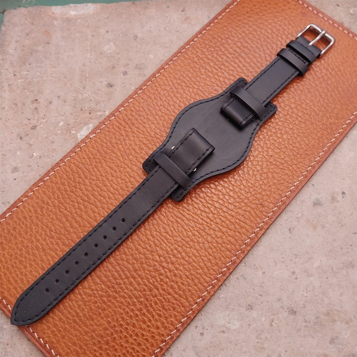 18mm Black Leather Bund Aviator Pilot Watch Strap