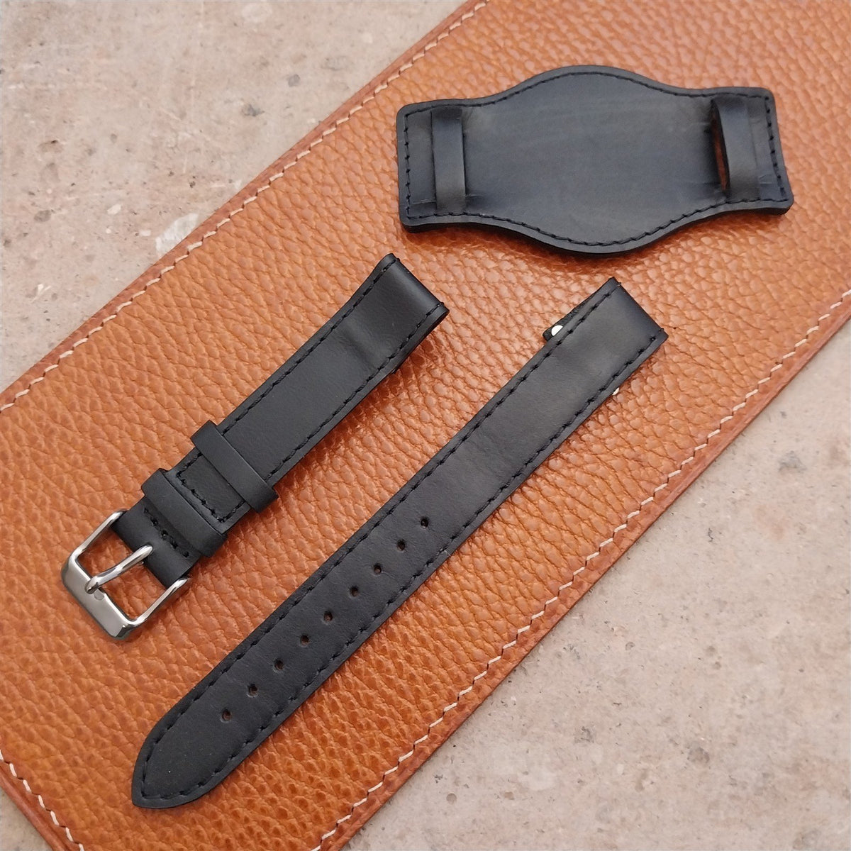 18mm Black Leather Bund Aviator Pilot Watch Strap