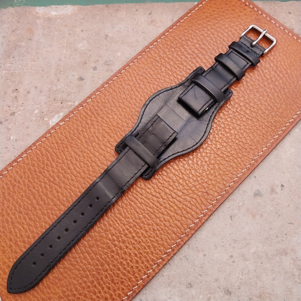 18mm Black Leather Bund Aviator Pilot Watch Strap