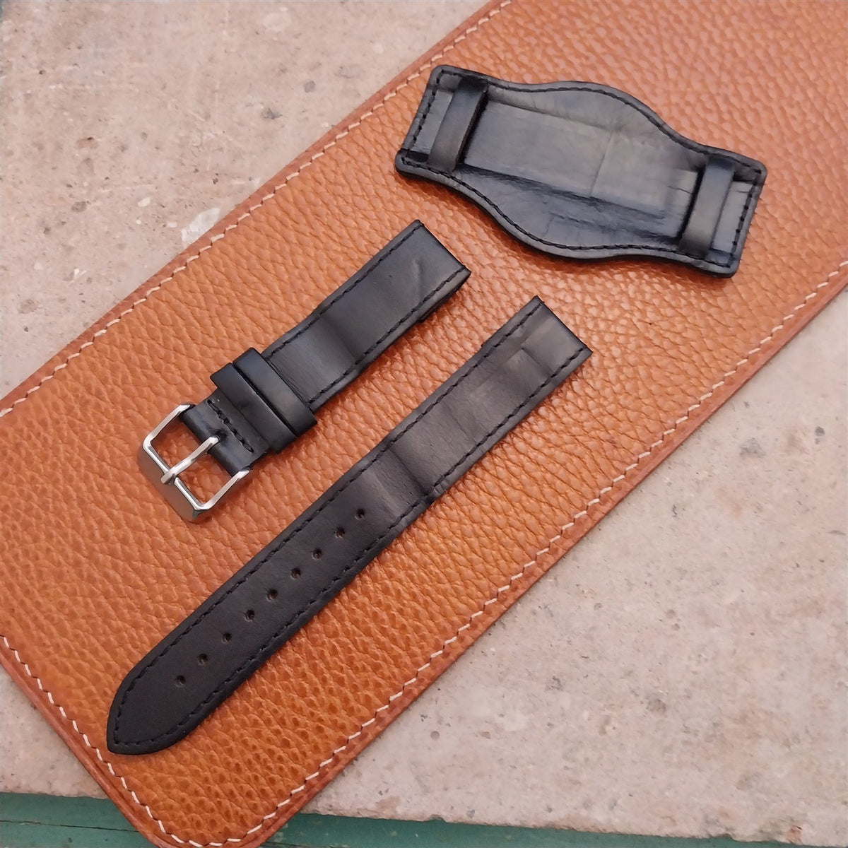 18mm Black Leather Bund Aviator Pilot Watch Strap
