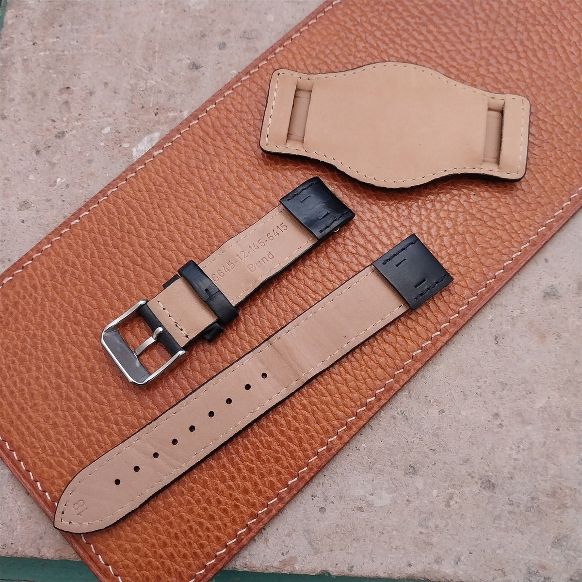 18mm Black Leather Bund Aviator Pilot Watch Strap