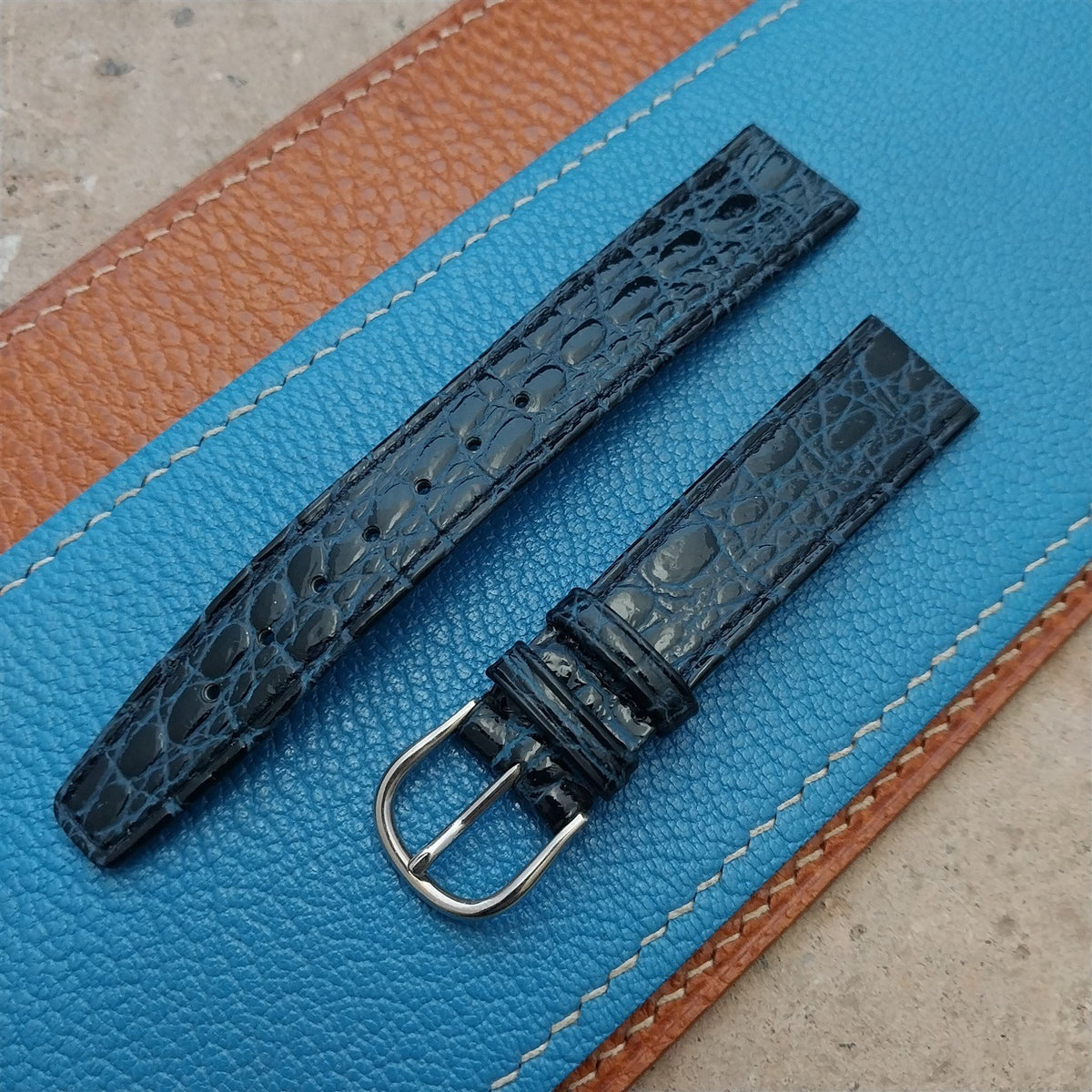 16mm Swiss Black & Blue Gator Grain Leather Unused Vintage Watch Strap