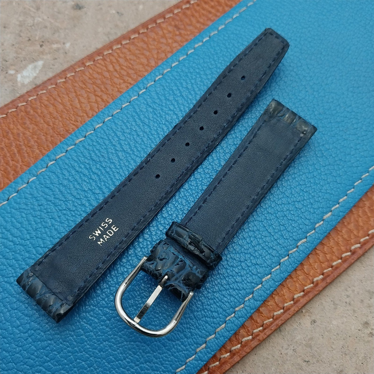 16mm Swiss Black & Blue Gator Grain Leather Unused Vintage Watch Strap