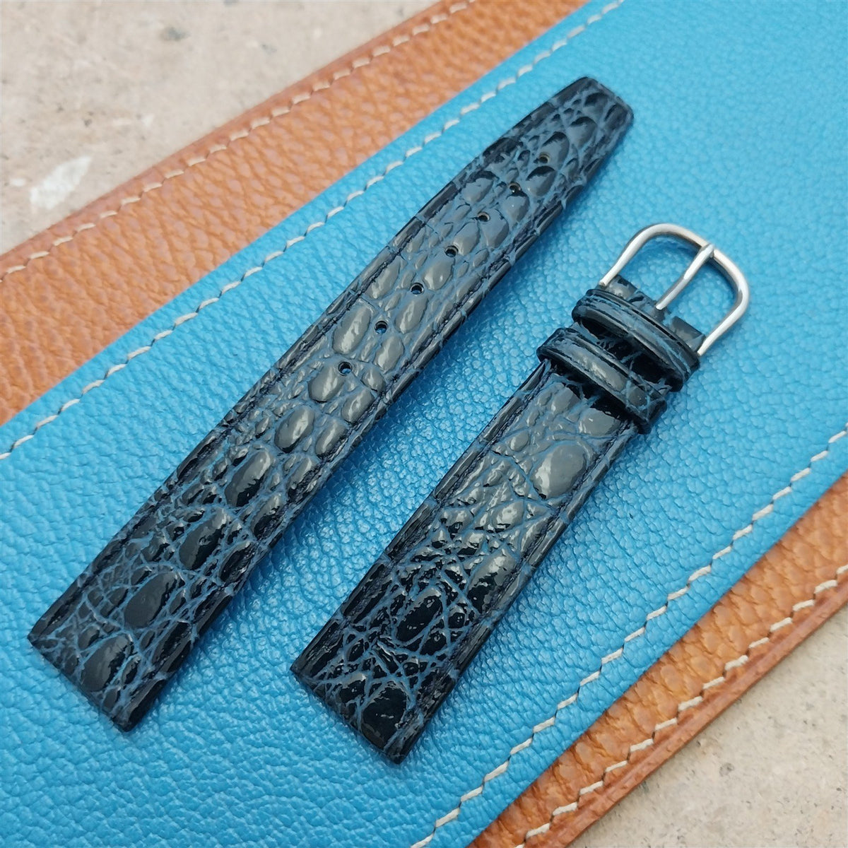 16mm Swiss Black & Blue Gator Grain Leather Unused Vintage Watch Strap