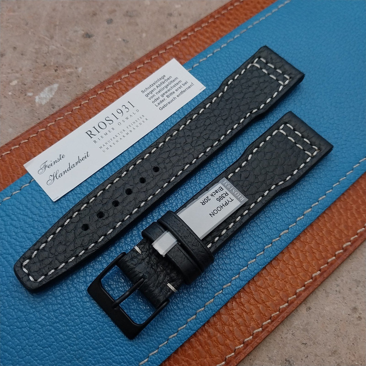 20mm Black Rios Typhoon Buffalo Leather Aviator Pilot Watch Strap