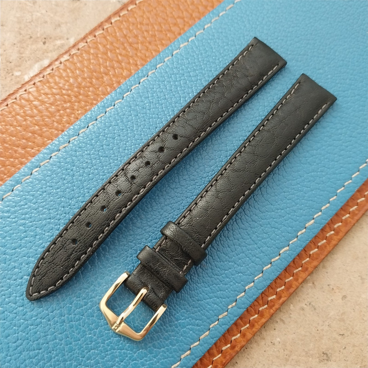 14mm Ladies Hirsch Long Black Camel Grain Leather Watch Strap