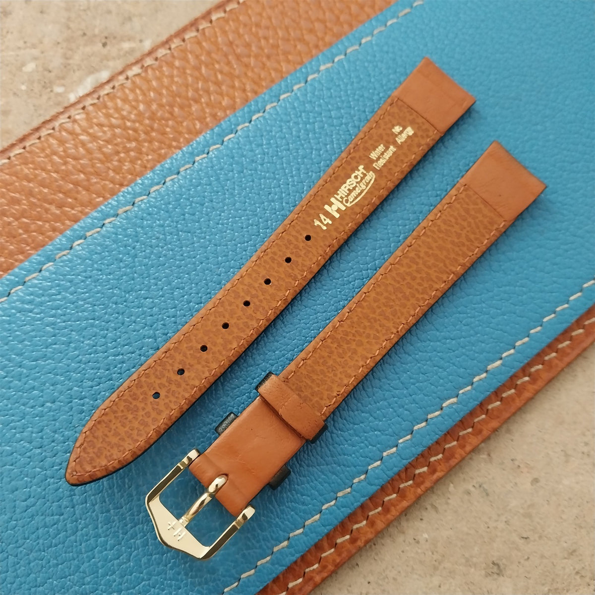 14mm Ladies Hirsch Long Black Camel Grain Leather Watch Strap