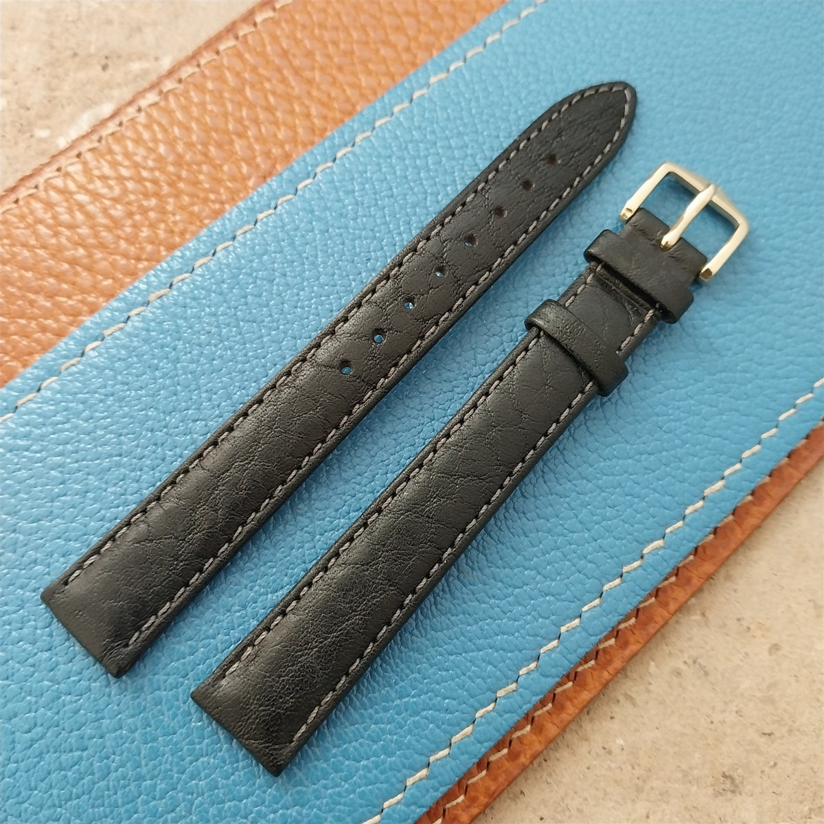 14mm Ladies Hirsch Long Black Camel Grain Leather Watch Strap