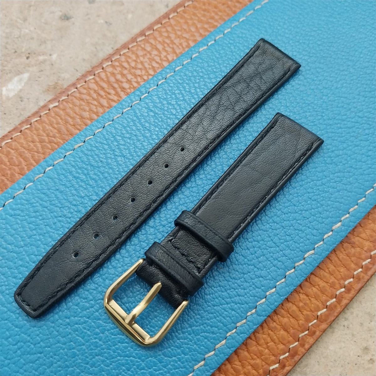 16mm Swiss Black Tapered Leather Watch Strap & YG Buckle