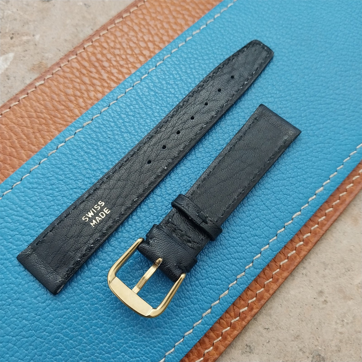 16mm Swiss Black Tapered Leather Watch Strap & YG Buckle