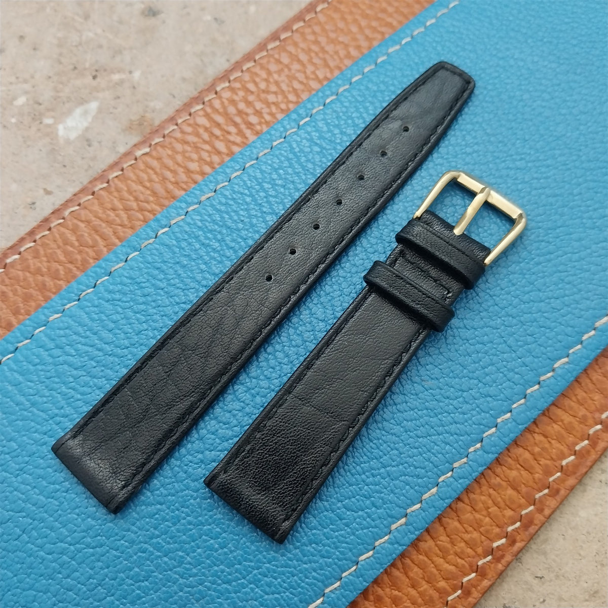 16mm Swiss Black Tapered Leather Watch Strap & YG Buckle