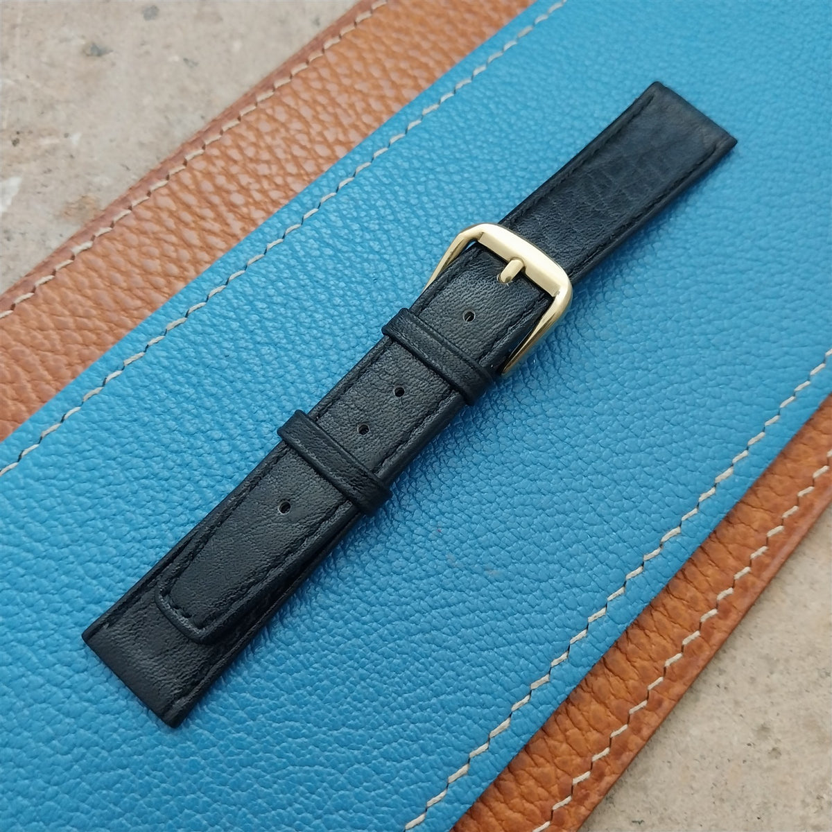 16mm Swiss Black Tapered Leather Watch Strap & YG Buckle