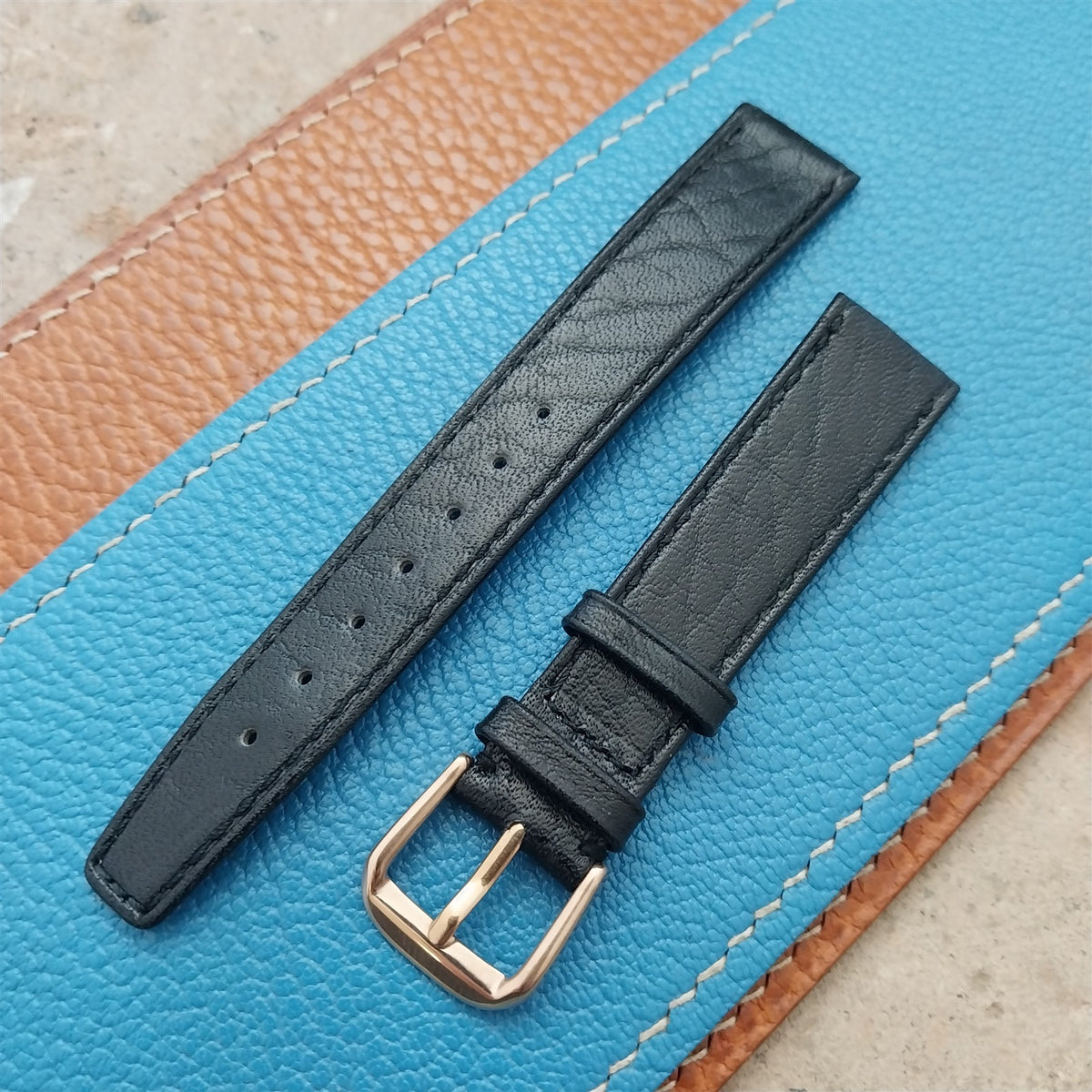 16mm Swiss Black Tapered Leather Watch Strap & RG Buckle