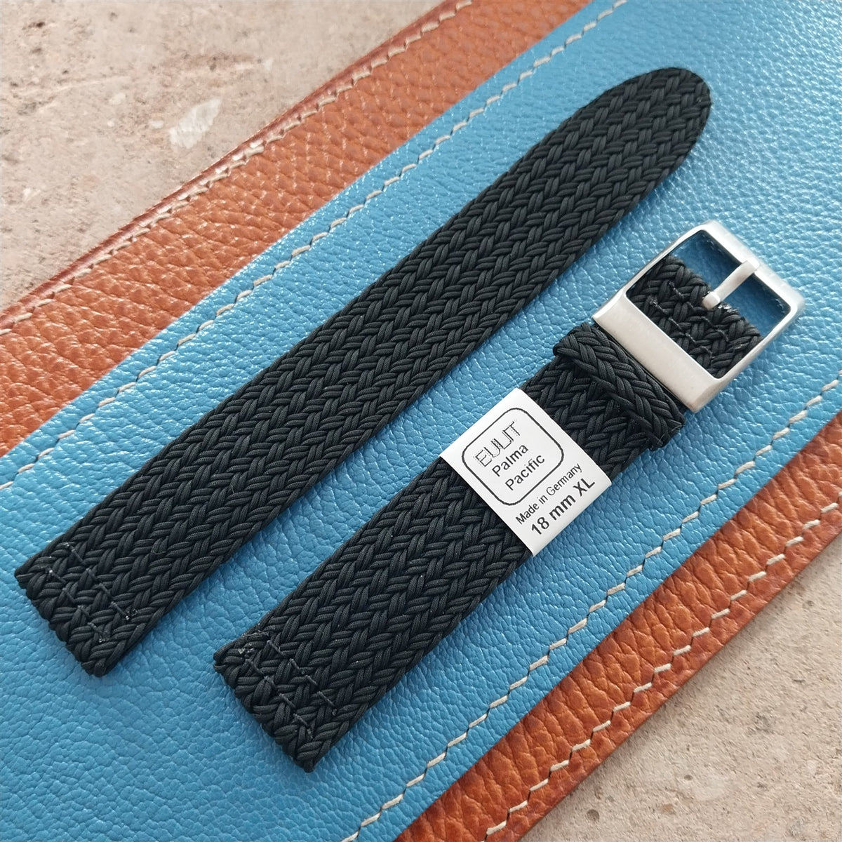 18mm XL EULIT Palma Pacific Braided Black Perlon 2-Piece Field Watch Strap