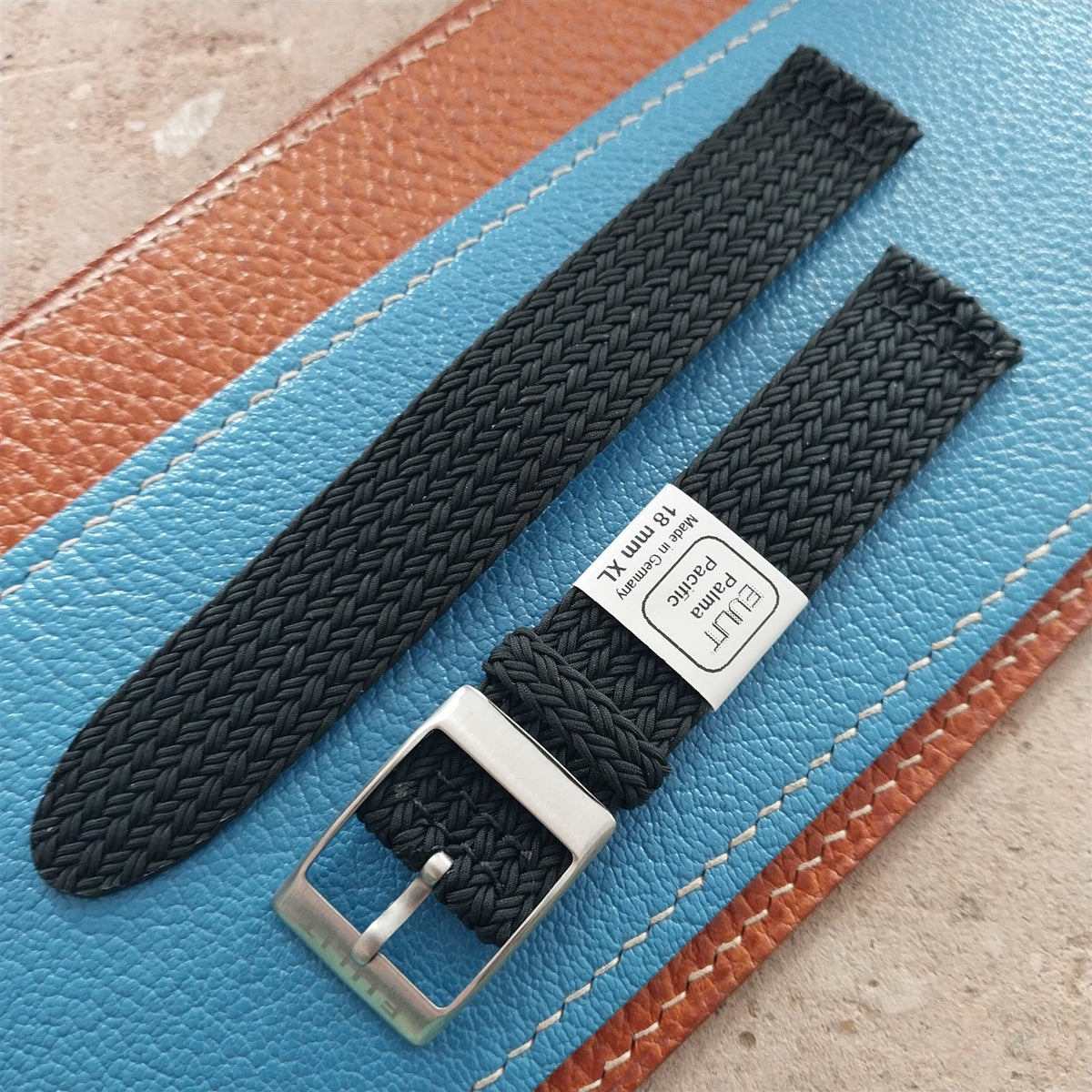 18mm XL EULIT Palma Pacific Braided Black Perlon 2-Piece Field Watch Strap