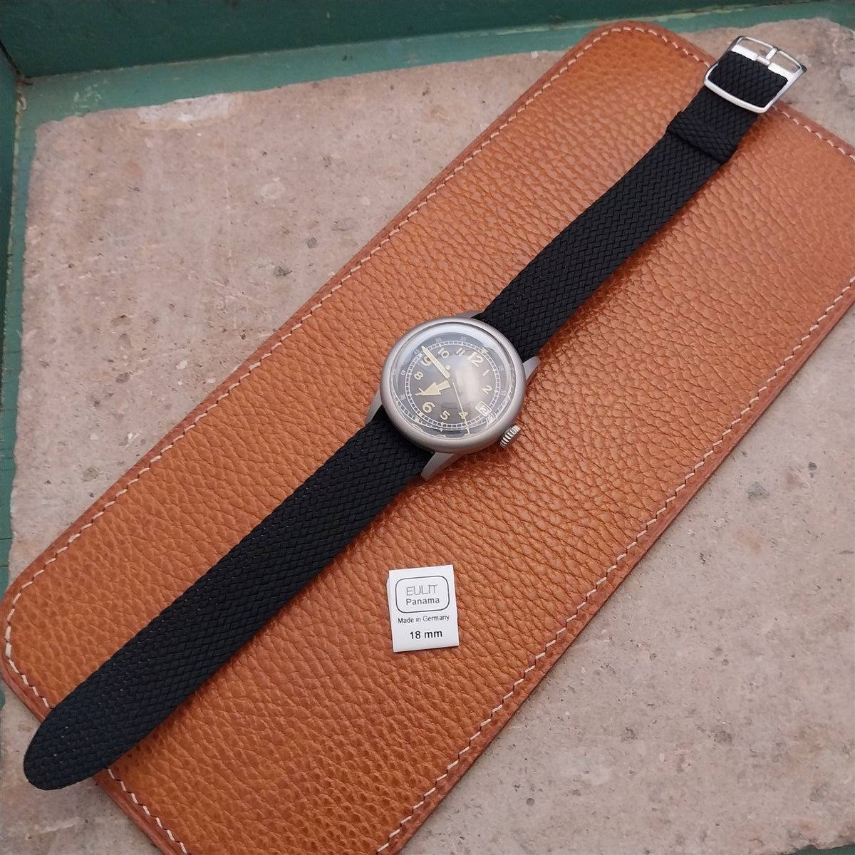 Black 18mm EULIT Panama Braided Perlon Single Pass Field Watch Strap