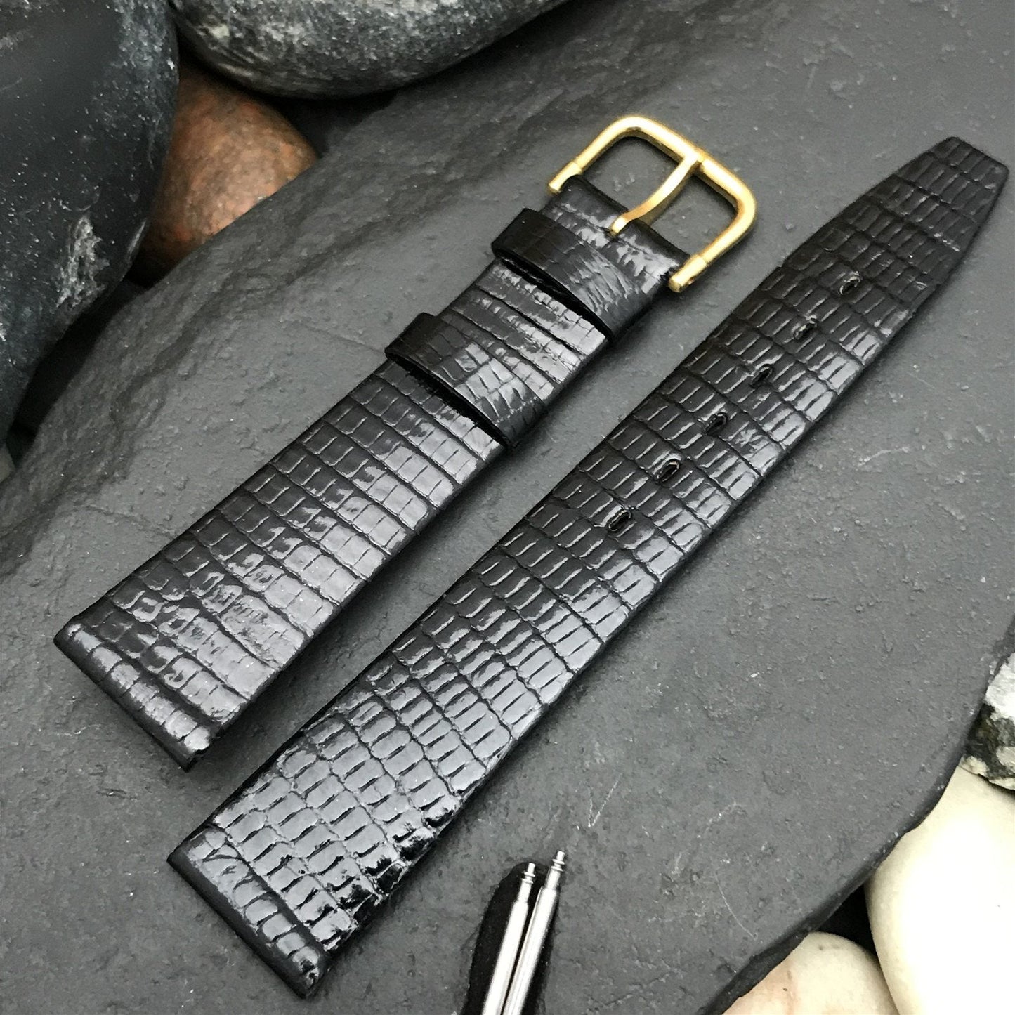 16mm Kalbe France Short Black Lizard nos 1970s Vintage Watch Band