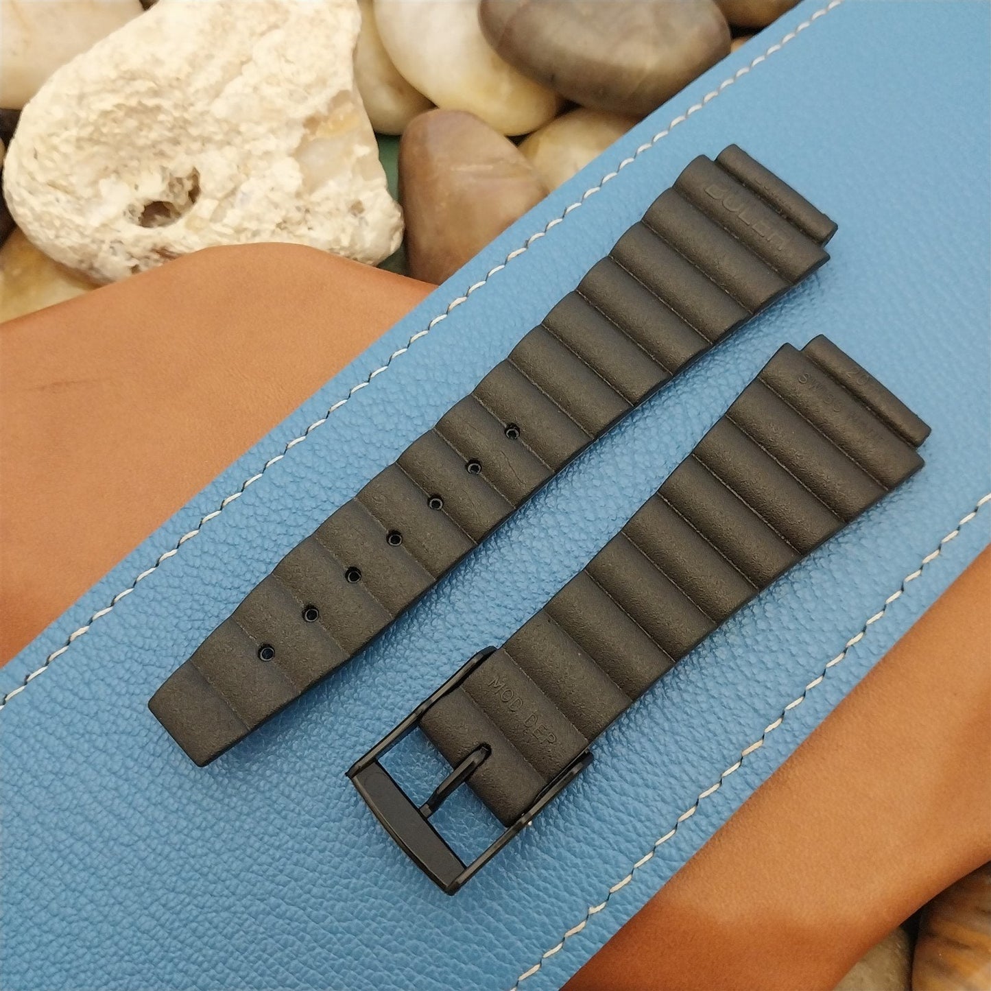 20mm Flared Divers Swiss Buler Black Synthetic Unused 1970s Vintage Watch Band