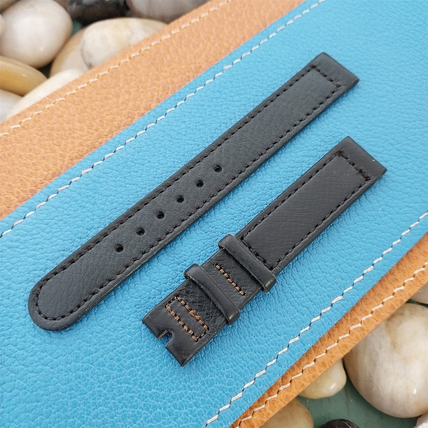 Vintage 9/16" 14mm Hamilton Black Leather Two-Piece Unused Classic Watch Band