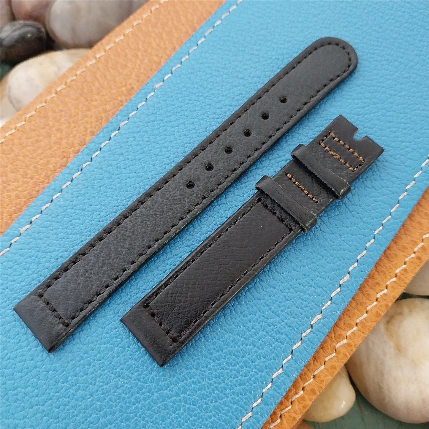 Vintage 9/16" 14mm Hamilton Black Leather Two-Piece Unused Classic Watch Band