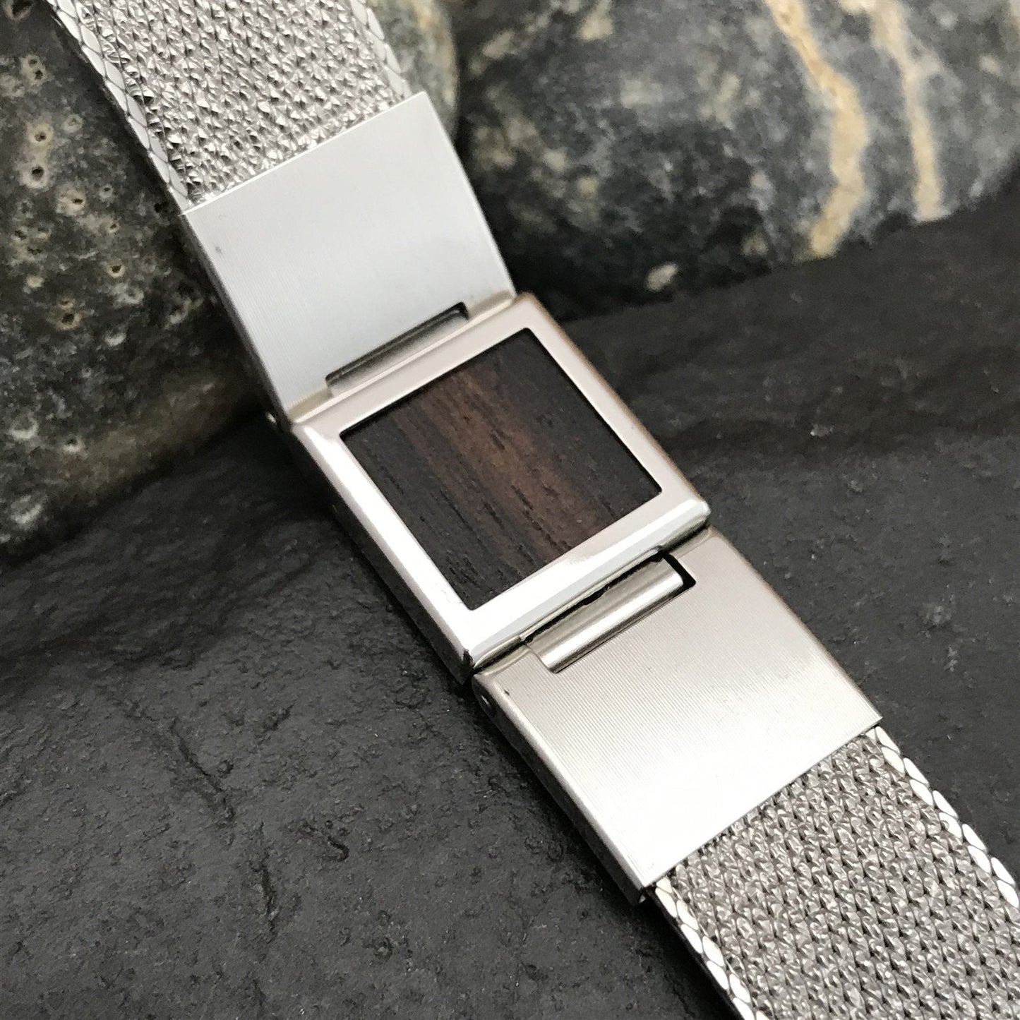 17.2mm Stainless Steel Mesh&Ebony Wood Kreisler Unused 1960s Vintage Watch Band